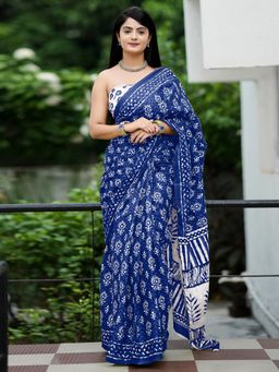 Akhilam - Women's Cotton Navy Blue Printed Designer Saree with Unstitched Blouse