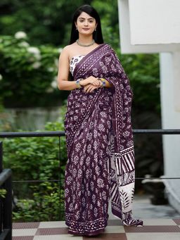 Akhilam - Women's Cotton Burgundy Printed Designer Saree with Unstitched Blouse