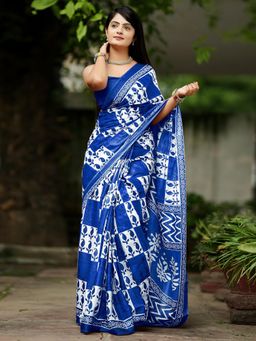 Akhilam - Women's Cotton Blue Printed Designer Saree with Unstitched Blouse