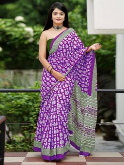Akhilam - Women's Cotton Purple Printed Designer Saree with Unstitched Blouse