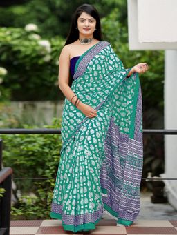 Akhilam - Women's Cotton Turquoise Printed Designer Saree with Unstitched Blouse