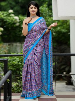 Akhilam - Women's Cotton Mauve Printed Designer Saree with Unstitched Blouse
