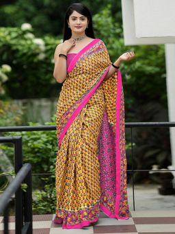 Akhilam - Women's Cotton Yellow Printed Designer Saree with Unstitched Blouse