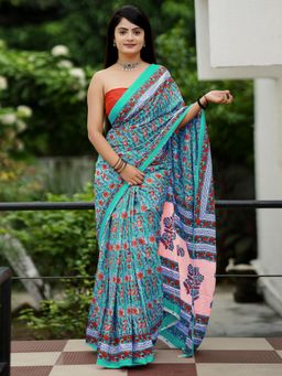 Akhilam - Women's Cotton Turquoise Printed Designer Saree with Unstitched Blouse