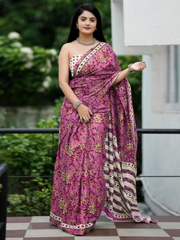 Akhilam - Women'S Cotton Pink Printed Designer Saree with Unstitched Blouse