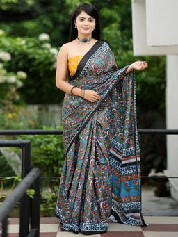 Akhilam - Women'S Cotton Blue Printed Designer Saree with Unstitched Blouse