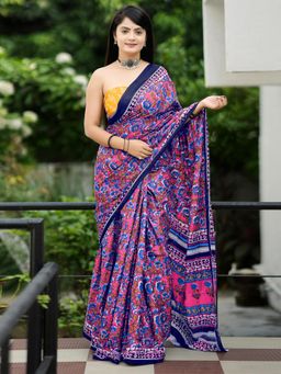 Akhilam - Women'S Cotton Pink Printed Designer Saree with Unstitched Blouse