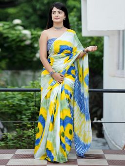 Akhilam - Women'S Cotton Blue Printed Designer Saree with Unstitched Blouse