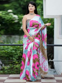 Akhilam - Women'S Cotton Brown Printed Designer Saree with Unstitched Blouse