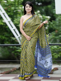 Akhilam - Women'S Cotton Olive Printed Designer Saree with Unstitched Blouse