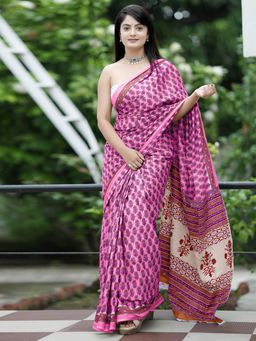 Akhilam - Women'S Cotton Pink Printed Designer Saree with Unstitched Blouse
