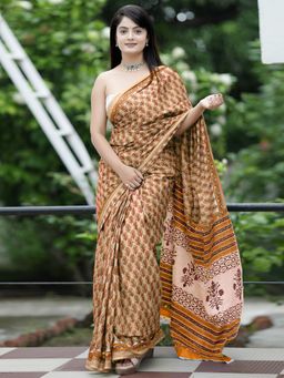 Akhilam - Women'S Cotton Beige Printed Designer Saree with Unstitched Blouse