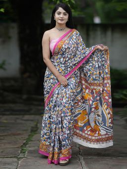Akhilam - Women'S Cotton Grey Printed Designer Saree with Unstitched Blouse