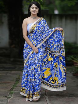 Akhilam - Women'S Cotton Blue Printed Designer Saree with Unstitched Blouse
