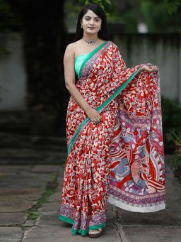 Akhilam - Women'S Cotton Red Printed Designer Saree with Unstitched Blouse