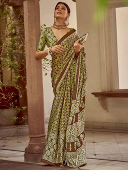Akhilam - Women's Crepe Brown Printed Designer Saree with Unstitched Blouse