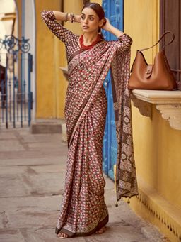 Sareemall - Women's Crepe Brown Printed Designer Saree with Unstitched Blouse