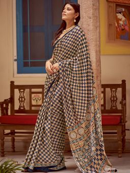 Sareemall - Women's Crepe Black Printed Designer Saree with Unstitched Blouse