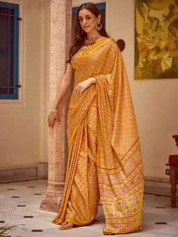 Sareemall - Women's Crepe Mustard Printed Designer Saree with Unstitched Blouse