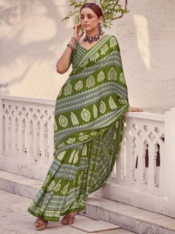 Sareemall - Women's Crepe Light Green Printed Designer Saree with Unstitched Blouse