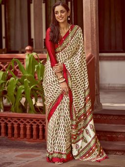 Sareemall - Women's Crepe Off White Printed Designer Saree with Unstitched Blouse
