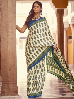 Sareemall - Women's Crepe Blue Printed Designer Saree with Unstitched Blouse