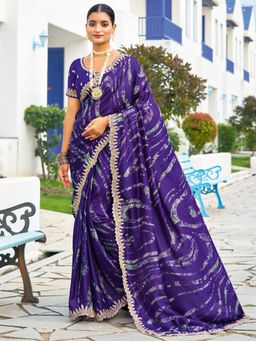 Sareemall - Women'S Chiffon Purple Printed Embellished Designer Saree with Unstitched Blouse