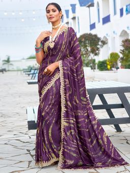 Sareemall - Women'S Chiffon Purple Printed Embellished Designer Saree with Unstitched Blouse