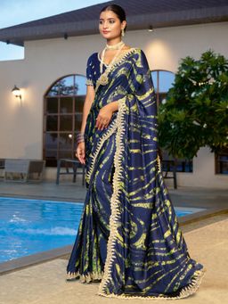 Sareemall - Women'S Chiffon Navy Blue Printed Embellished Designer Saree with Unstitched Blouse