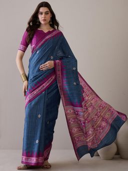 Akhilam - Women's Silk Blend Grey Printed Designer Saree with Unstitched Blouse