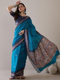Sareemall - Women's Silk Blend Teal Printed Designer Saree with Unstitched Blouse