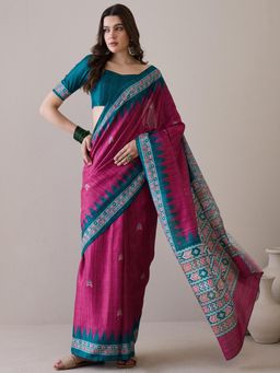 Sareemall - Women's Silk Blend Burgundy Printed Designer Saree with Unstitched Blouse