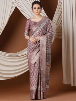Akhilam - Women'S Silk Blend Mauve Printed Designer Saree with Unstitched Blouse