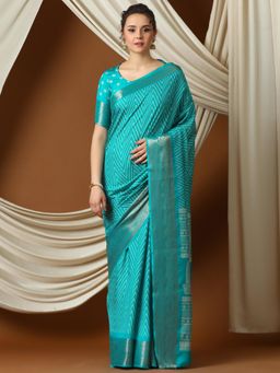 Akhilam - Women'S Silk Blend Turquoise Printed Designer Saree with Unstitched Blouse