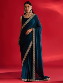 Akhilam - Women'S Satin Teal Solid Designer Saree with Unstitched Blouse