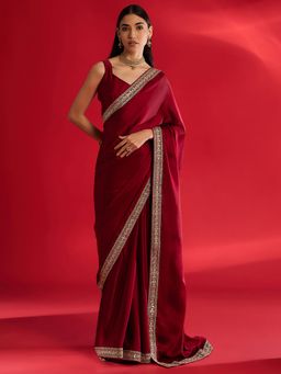Akhilam - Women'S Satin Maroon Solid Designer Saree with Unstitched Blouse