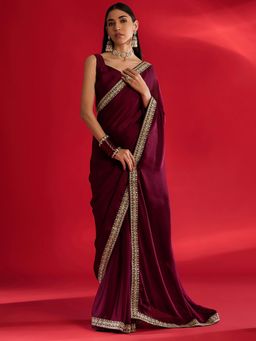 Akhilam - Women'S Satin Burgundy Solid Designer Saree with Unstitched Blouse