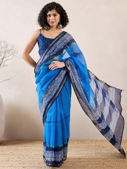 Sareemall - Women'S Cotton Blend Navy Blue Printed Celebrity Saree with Unstitched Blouse