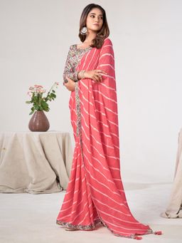Sareemall - Women'S Georgette Peach Printed Designer Saree with Unstitched Blouse