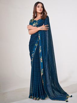 Sareemall - Women'S Georgette Navy Blue Printed Designer Saree with Unstitched Blouse