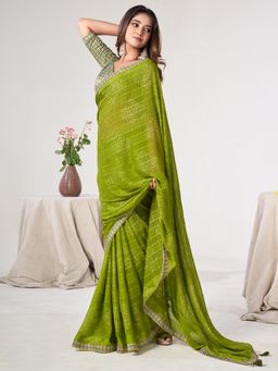 Sareemall - Women'S Georgette Green Printed Designer Saree with Unstitched Blouse