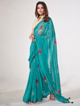 Akhilam - Women'S Georgette Turquoise Printed Designer Saree with Unstitched Blouse