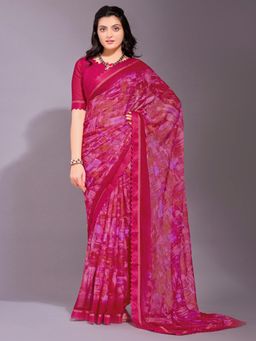 Akhilam - Women's Chiffon Pink Printed Designer Saree with Unstitched Blouse