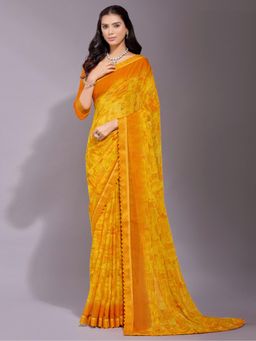 Akhilam - Women's Chiffon Mustard Printed Designer Saree with Unstitched Blouse