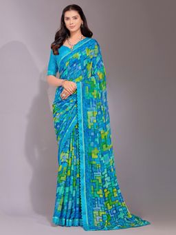 Akhilam - Women's Chiffon Blue Printed Designer Saree with Unstitched Blouse