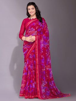 Akhilam - Women's Chiffon Pink Printed Designer Saree with Unstitched Blouse