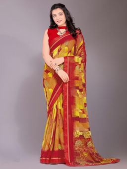 Akhilam - Women's Chiffon Red Printed Designer Saree with Unstitched Blouse