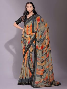 Akhilam - Women's Chiffon Black Printed Designer Saree with Unstitched Blouse