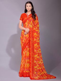Akhilam - Women's Chiffon Orange Printed Designer Saree with Unstitched Blouse