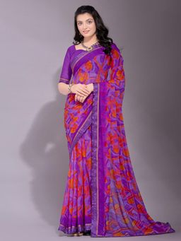 Akhilam - Women's Chiffon Purple Printed Designer Saree with Unstitched Blouse